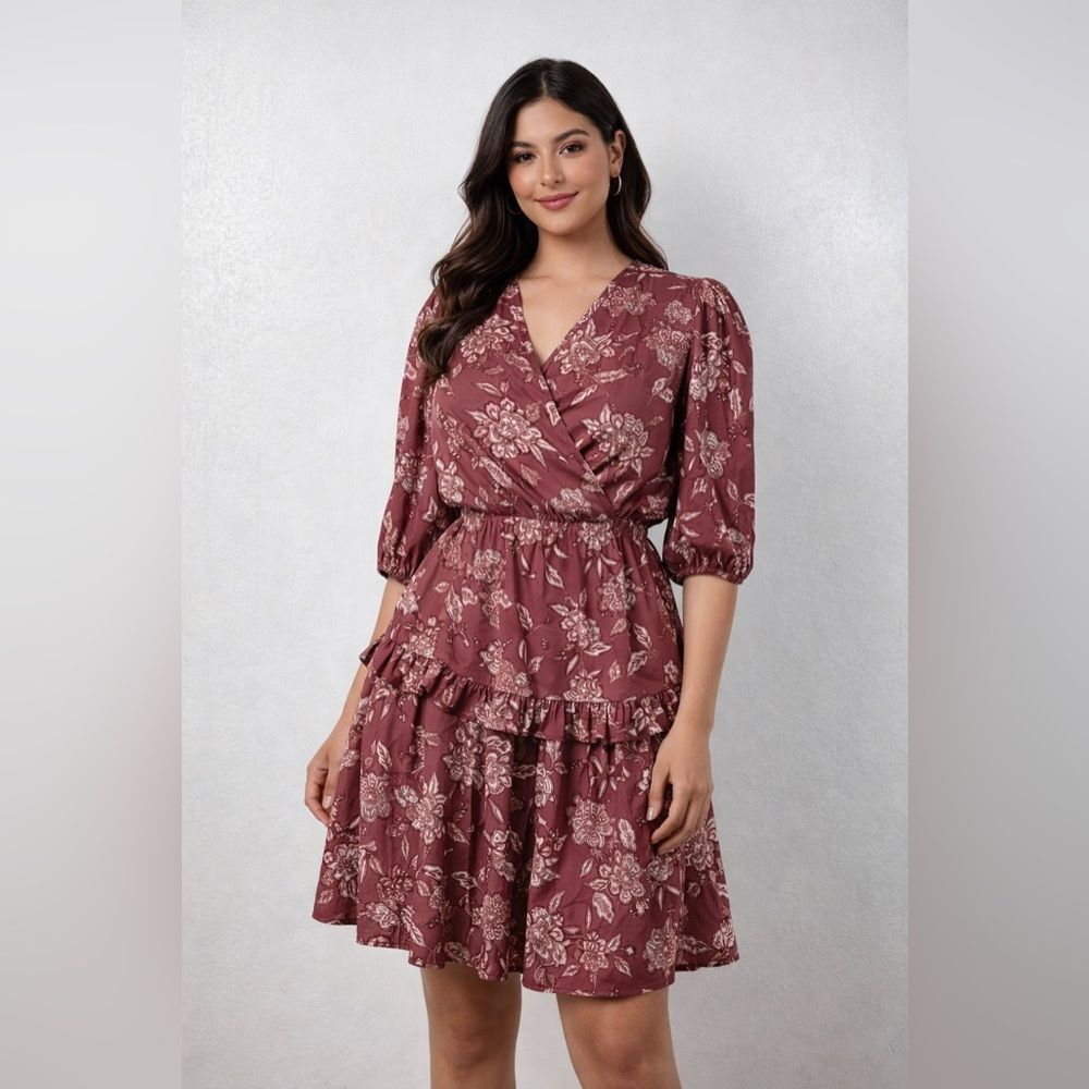 Sienna Sky Floral Wrap Style Dress Ruffle Hem Mauve Pink Size Small